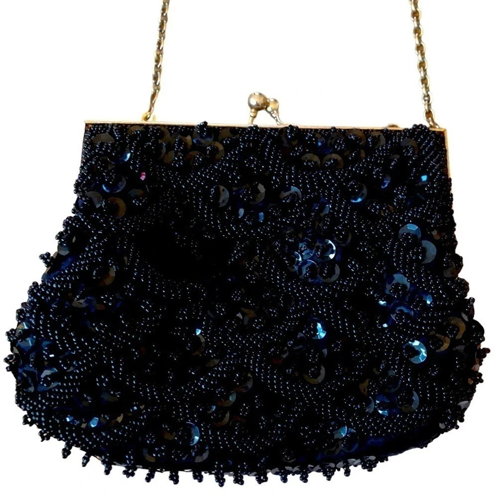 Vintage black beaded formal purse evening bag special occasion Holiday party
